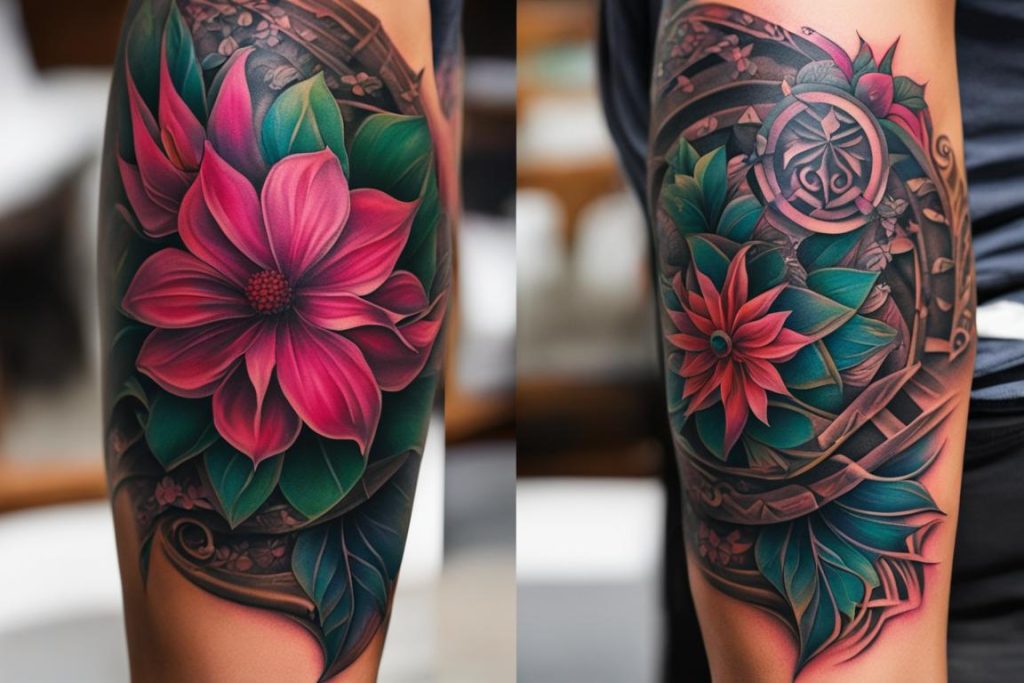 tattoo on arm, leg, and hand