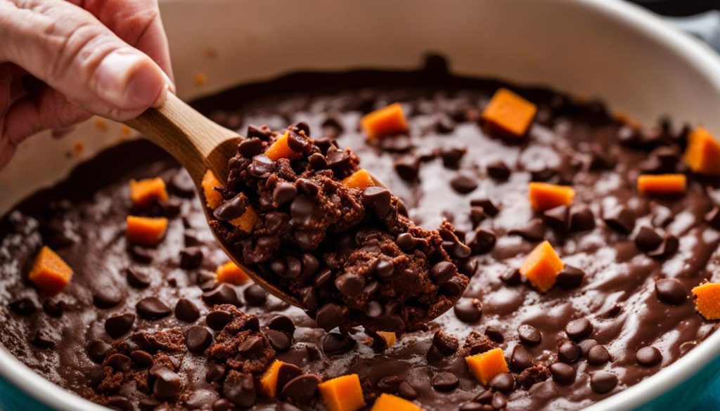Adding extra chocolate chips to sweet potato brownie batter